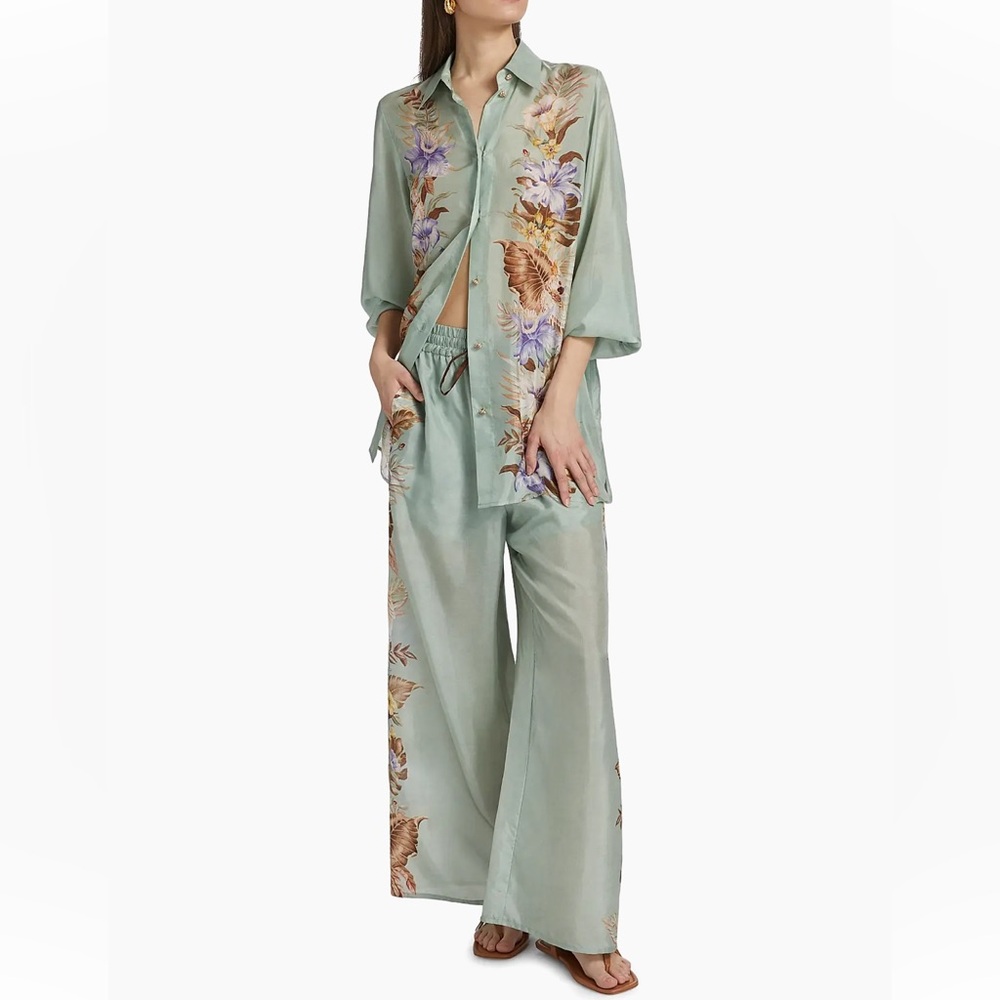 Final Zimmermann Coco Floral Silk Relaxed-Fit Shirt & Trousers Set Sage AU2 US8